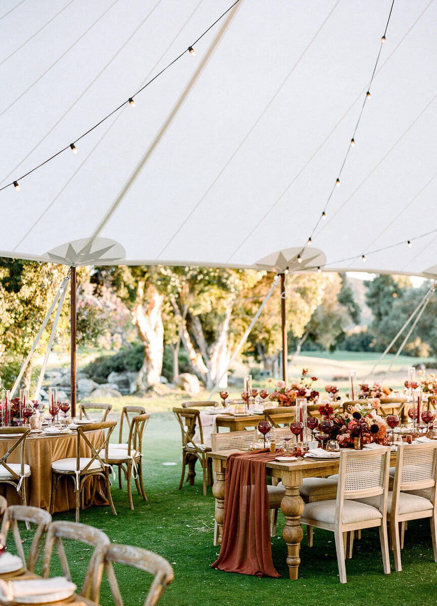 An earth tone wedding reception in a tent, with three different table and chair and linen combinations.