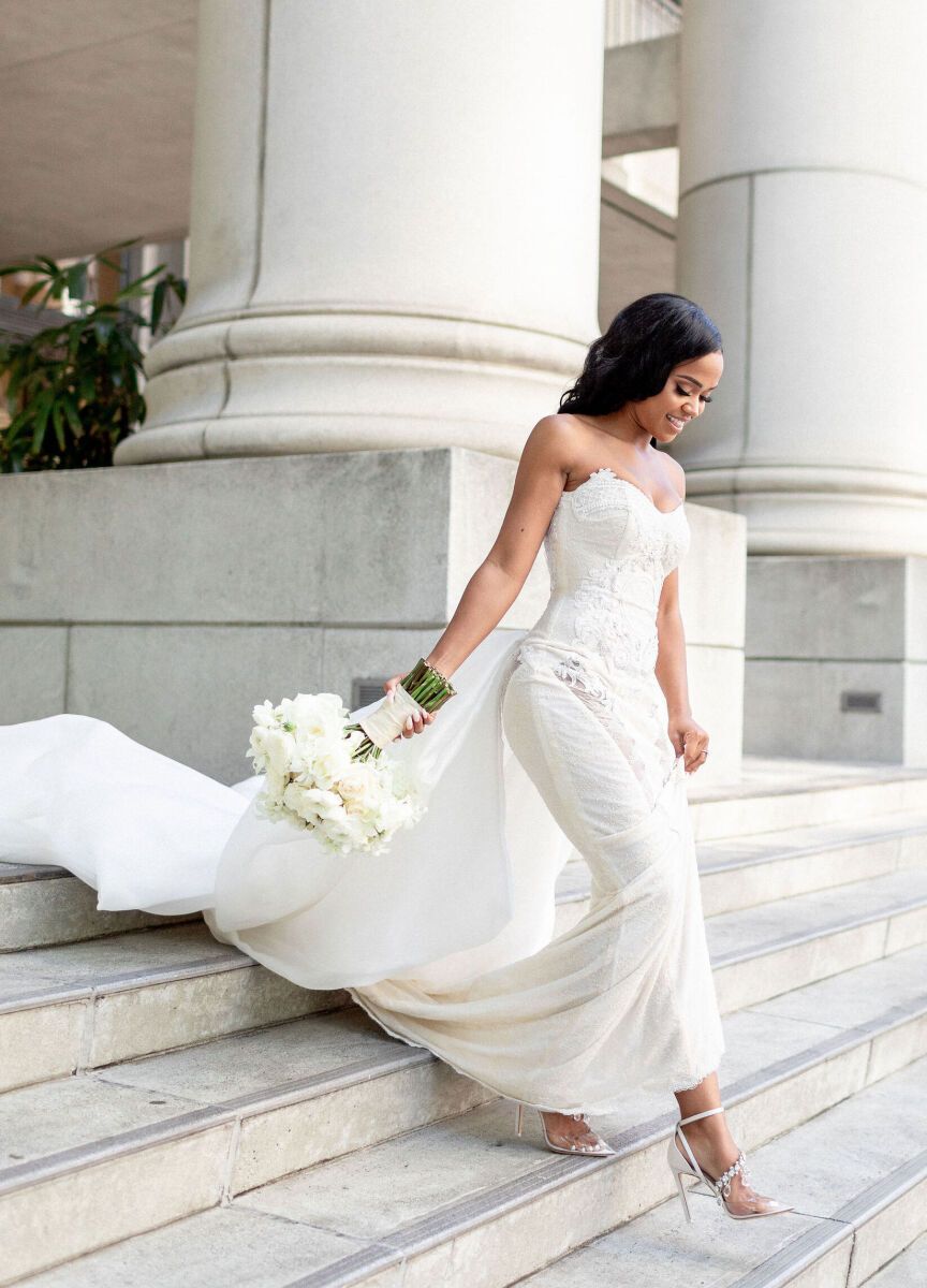 Average Wedding Dress Cost: White wedding dress with plunging neckline