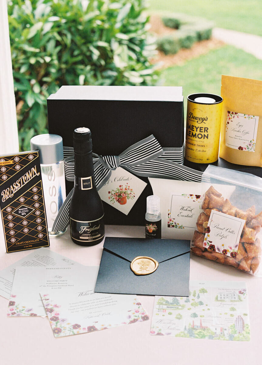 A welcome box filled with local goodies and personalized treats.