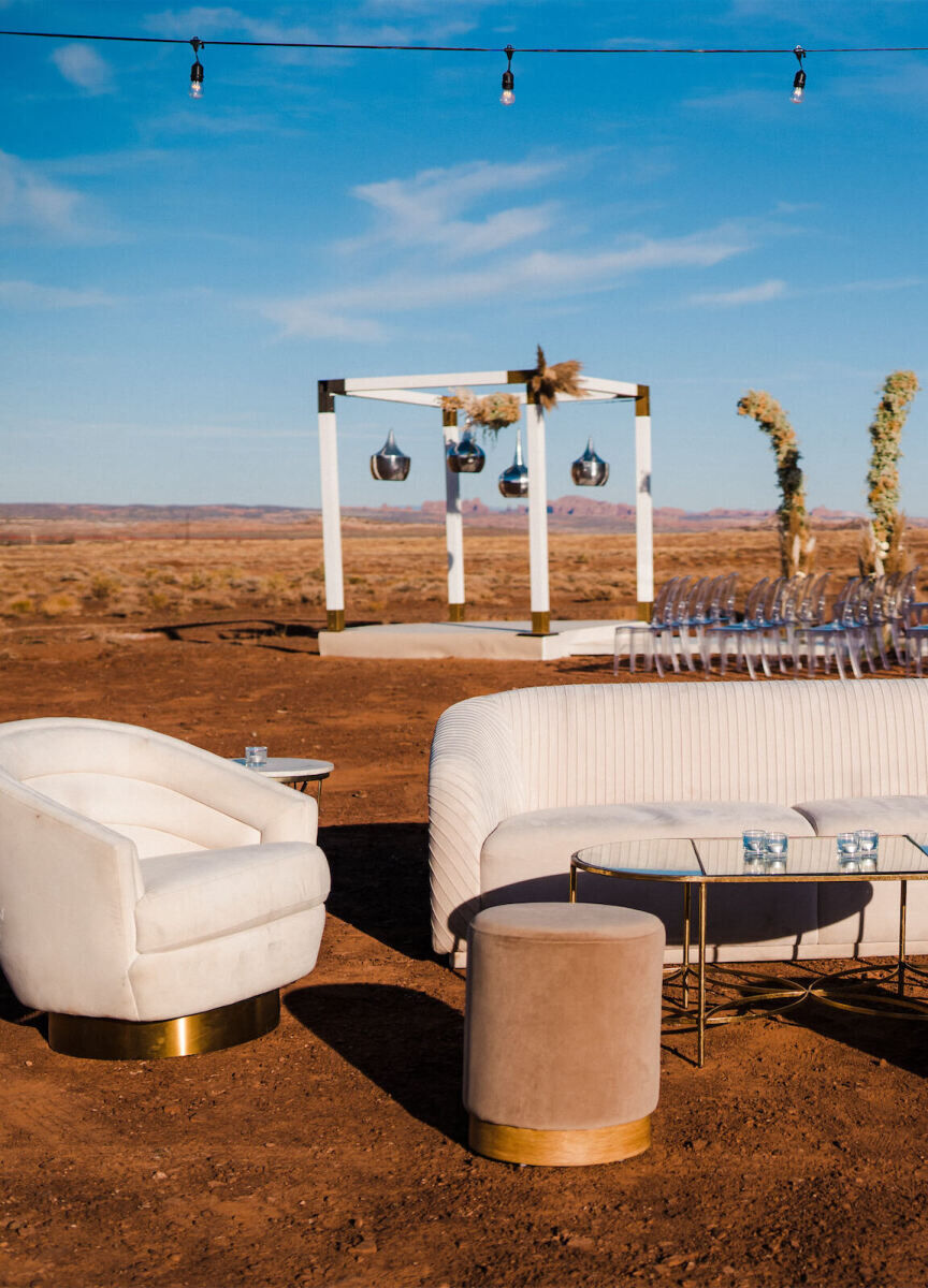 At this modern, bohemian desert wedding, the furniture was sleek and textured.