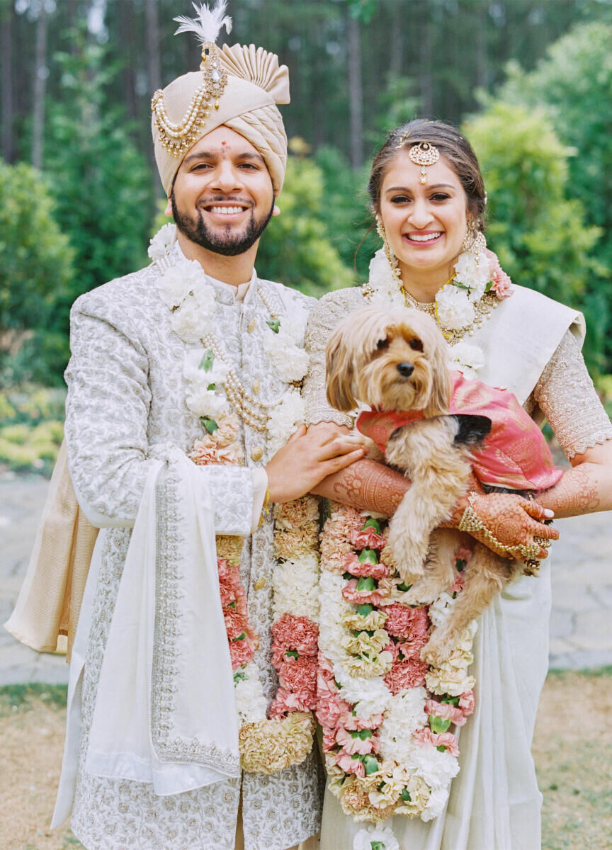 A pair of newlyweds and their dog (who also wore a kurta) were dressed to impress in traditional attire at their destination Indian wedding.