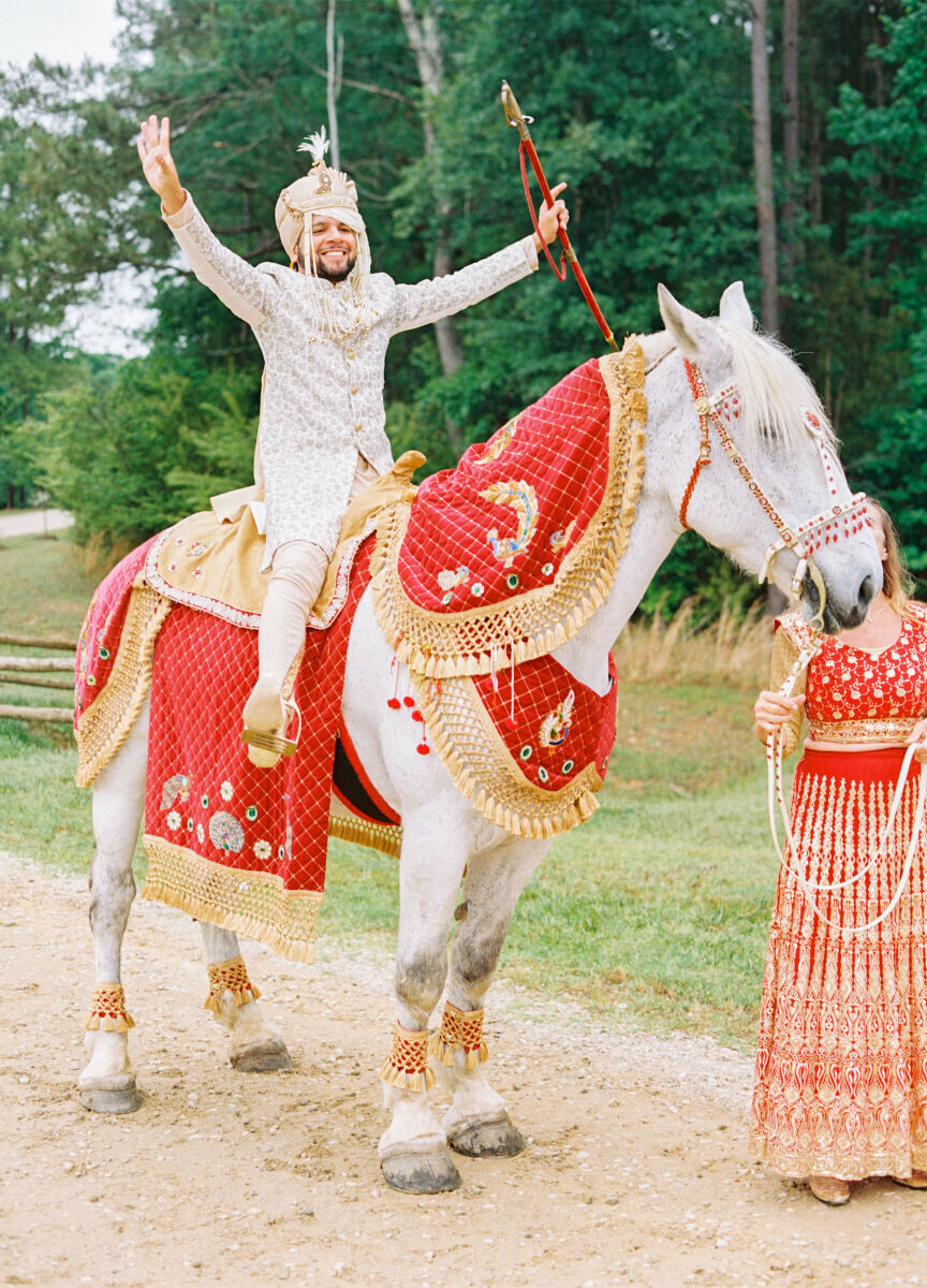 A baraat was another ritual folded into this destination Indian wedding, where the groom arrived on horseback to his outdoor ceremony.