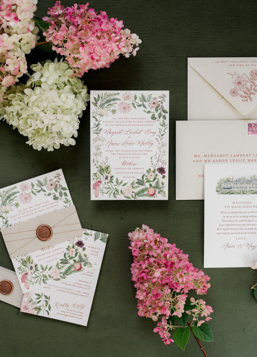 Floral illustrations and elegant calligraphy took center stage in the invitations for an elevated garden wedding.