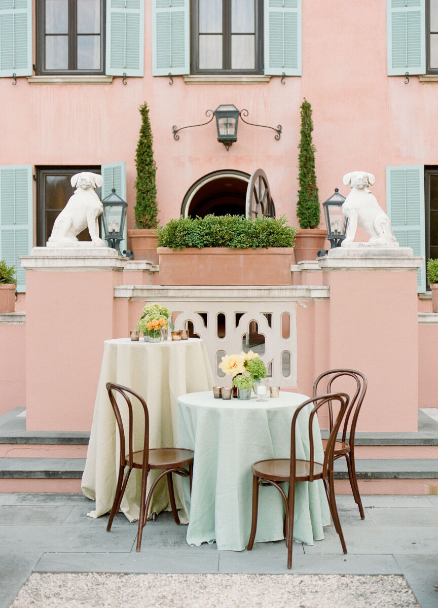 Mint and cream cocktail table setup at a Glenmere Mansion wedding, on the terrace.