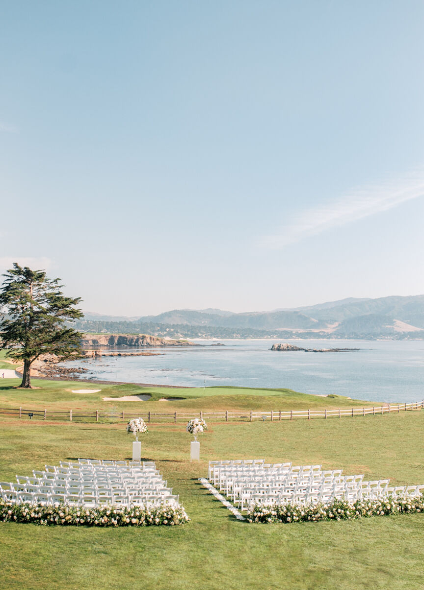 Golf Course Wedding Venues: A ceremony setup overlooking the ocean in Pebble Beach, California.