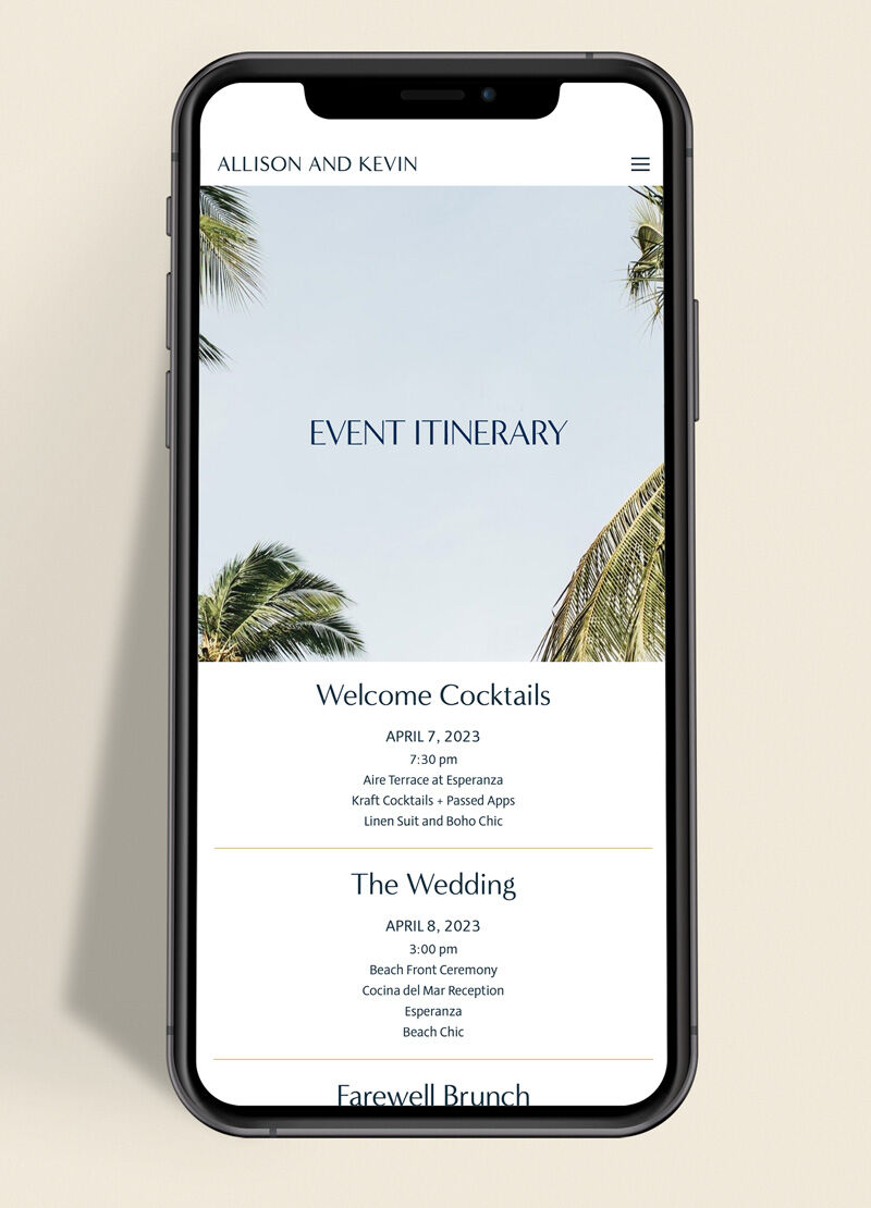 Wedding Websites: Event Itinerary details on a sample Carats & Cake wedding website