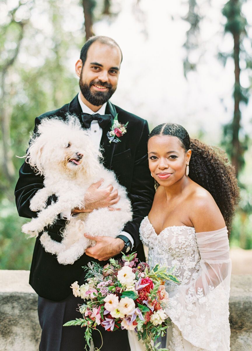 See more velvet black jacket tuxedo groom attire from Jamie and Michael's edgy wedding