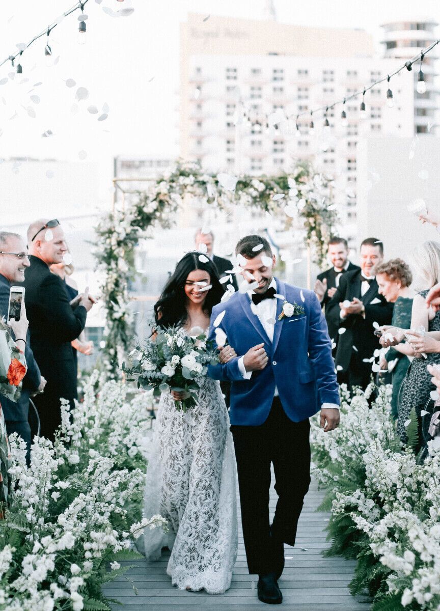 See more blue jacket tuxedo groom attire from Mica and Dom's industrial wedding