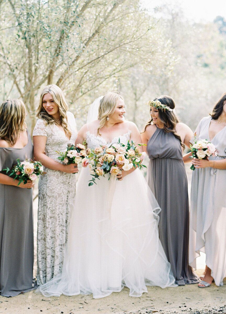 Mismatched bridesmaid dresses: See more assorted grey unique bridesmaid dresses from Jenna and Kory's vintage wedding