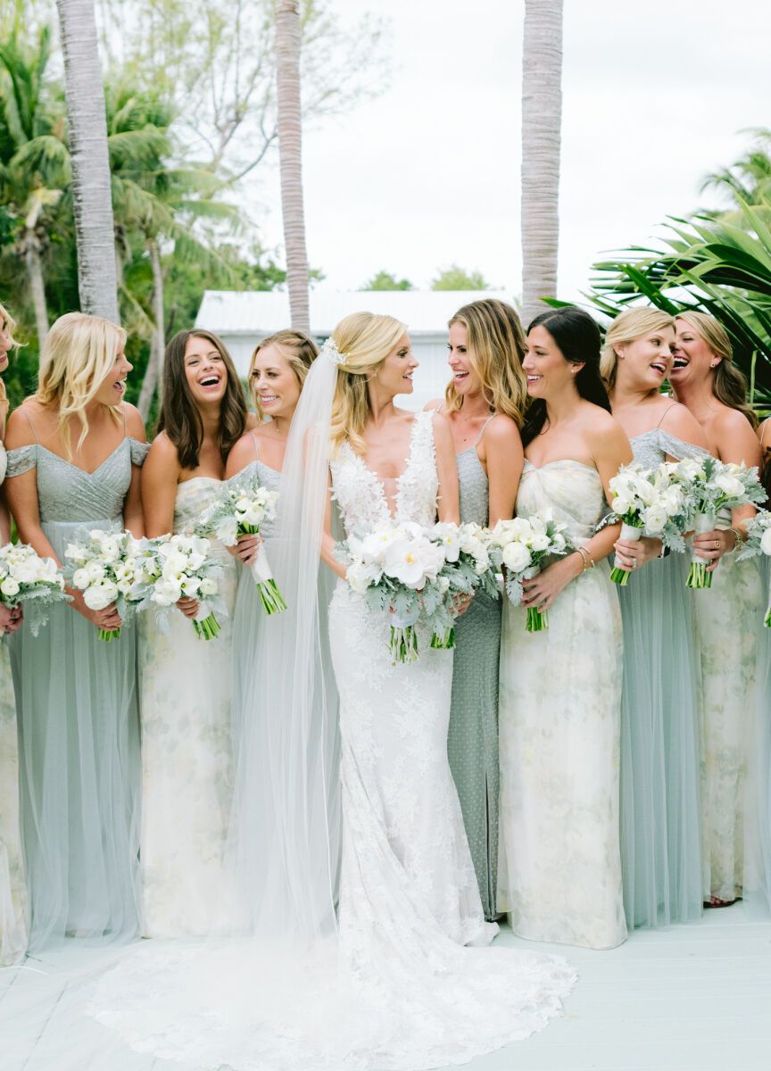 Mismatched bridesmaid dresses: See more assorted mint green unique bridesmaid dresses from Harrison and Zach's rustic wedding