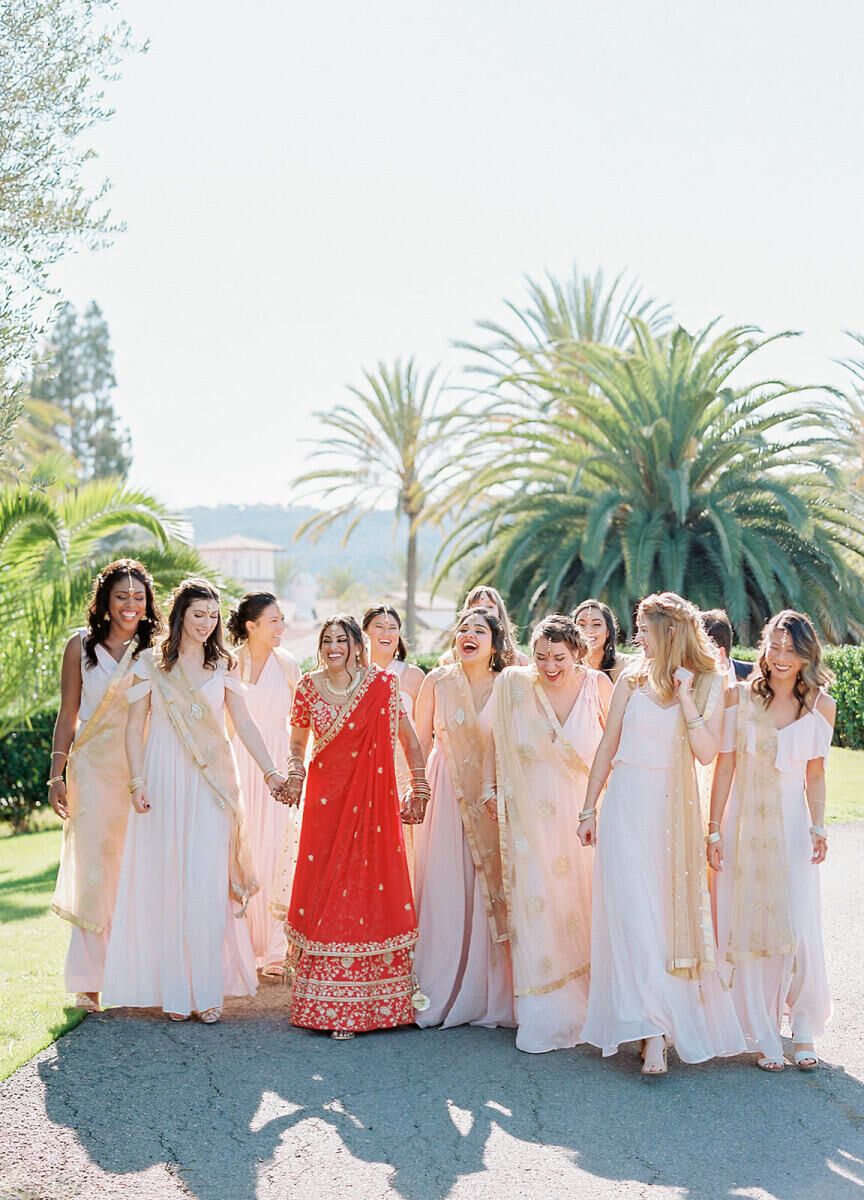 Mismatched bridesmaid dresses:  See more assorted neutral peach-toned unique bridesmaid dresses from Meghan and Nathan's garden wedding