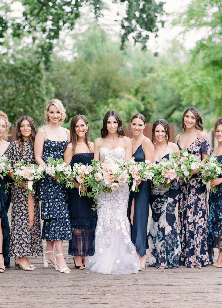 Mismatched bridesmaid dresses: See more assorted dark-toned patterned unique bridesmaid dresses from Alyce and Brian's classic wedding