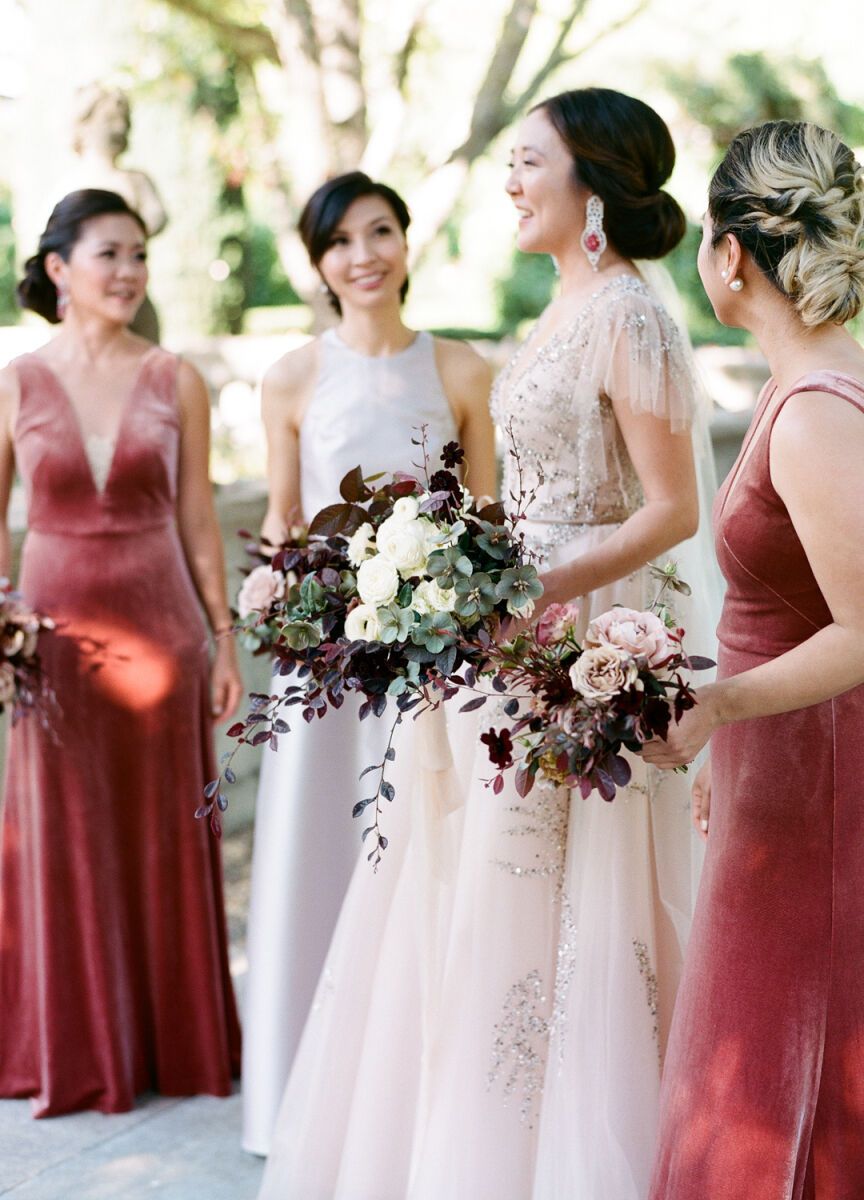 Mismatched bridesmaid dresses: See more assorted red velvet unique bridesmaid dresses from Grace and Steve's classic wedding