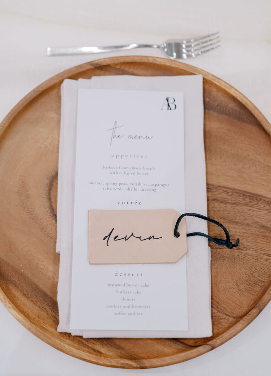 Leather tags that doubled as ornaments on Christmas three days later, labeled each seat at a modern California wedding.