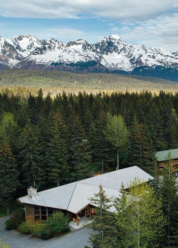 Mountain Wedding: An overhead view of a mountain wedding location with a forest and snow-capped mountains beyond.