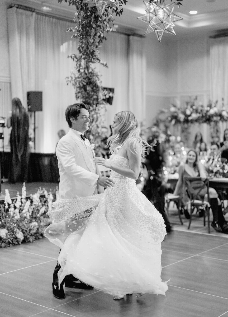 Mountain wedding details: 
Wedding couple dancing to a band performing at their ballroom wedding reception.