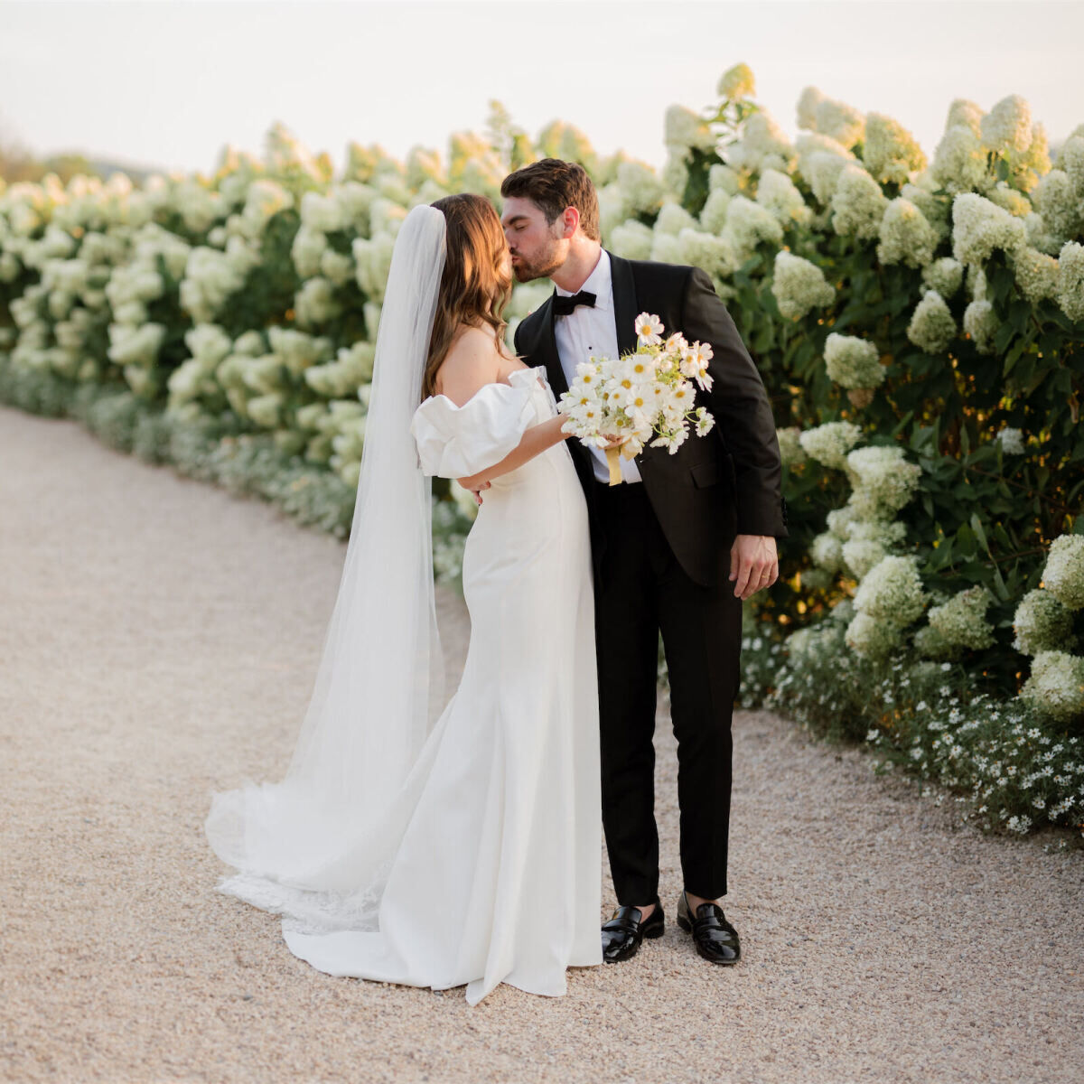 Pippin Hill Farm: A wedding couple kissing along a hydrangea-lined pathway in Virginia.