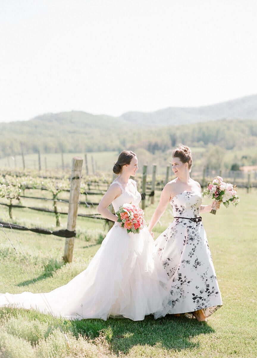 Pippin Hill Farm: Two brides walking near a vineyard in Virginia.