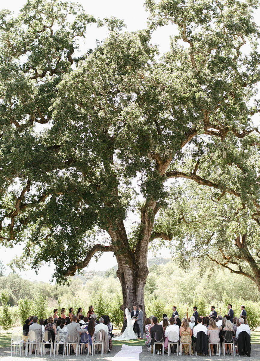 Romantic Wedding Venues: A couple getting married outdoors at Distinct Location's Double R Ranch in Napa, California.