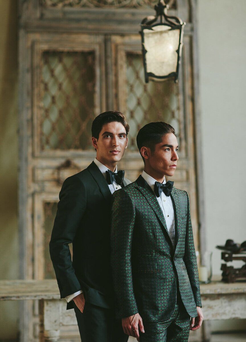 See more subtle patterned jacket tuxedo groom attire from Ross and Noa vintage wedding