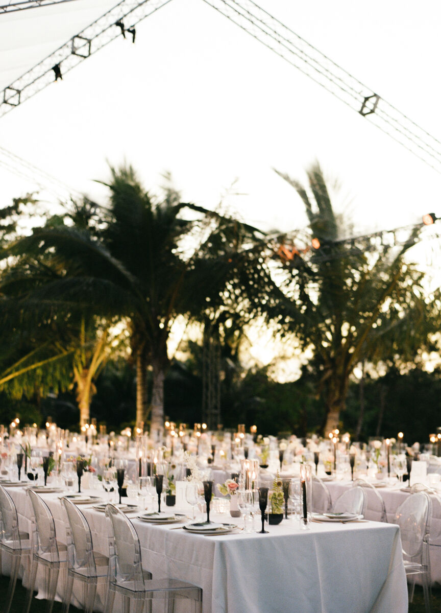 Tropical Wedding: Reception tables at an outdoor wedding in the Dominican Republic.