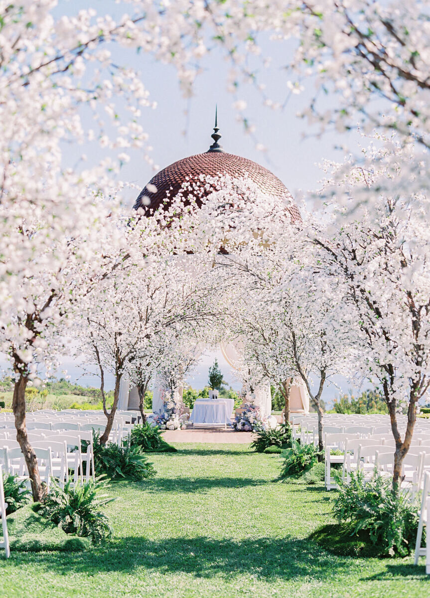 Wedding Aisle: White trees lining an outdoor ceremony setup with white chairs and a domed gazebo.