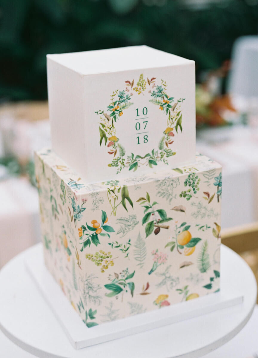 Wedding cake bakery: small, tiered boxy wedding cake. 