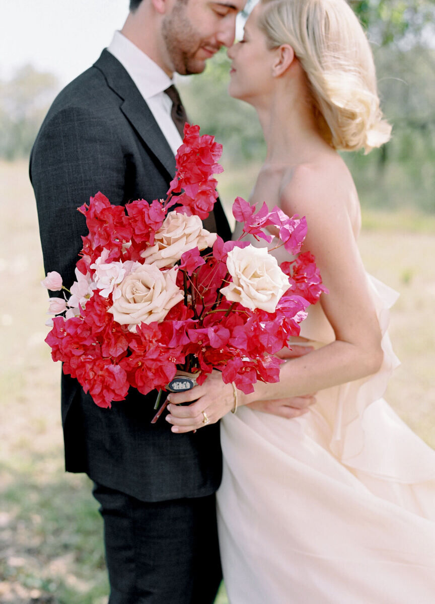 Pink wedding details: A modern, pink bridal bouquet.