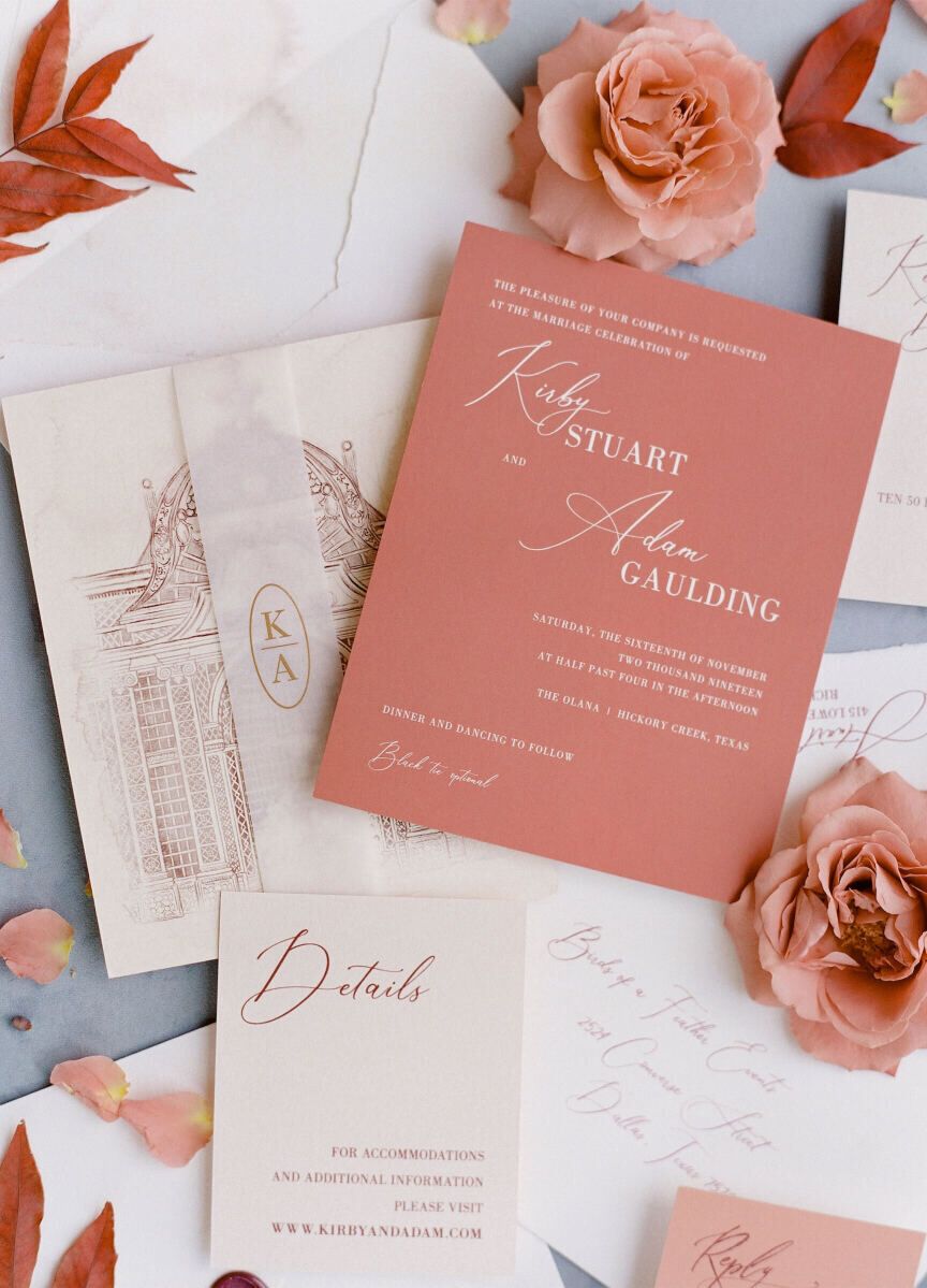 Wedding details: peach and gold wedding invitations to Kirby & Adam's Texas wedding