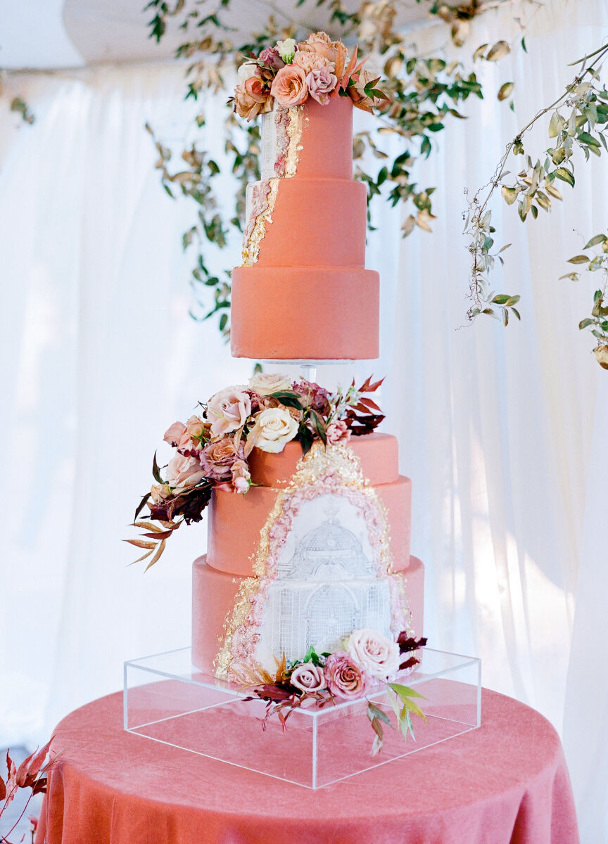 Wedding details: a six-tiered coral wedding cake at Kirby & Adam's Texas wedding