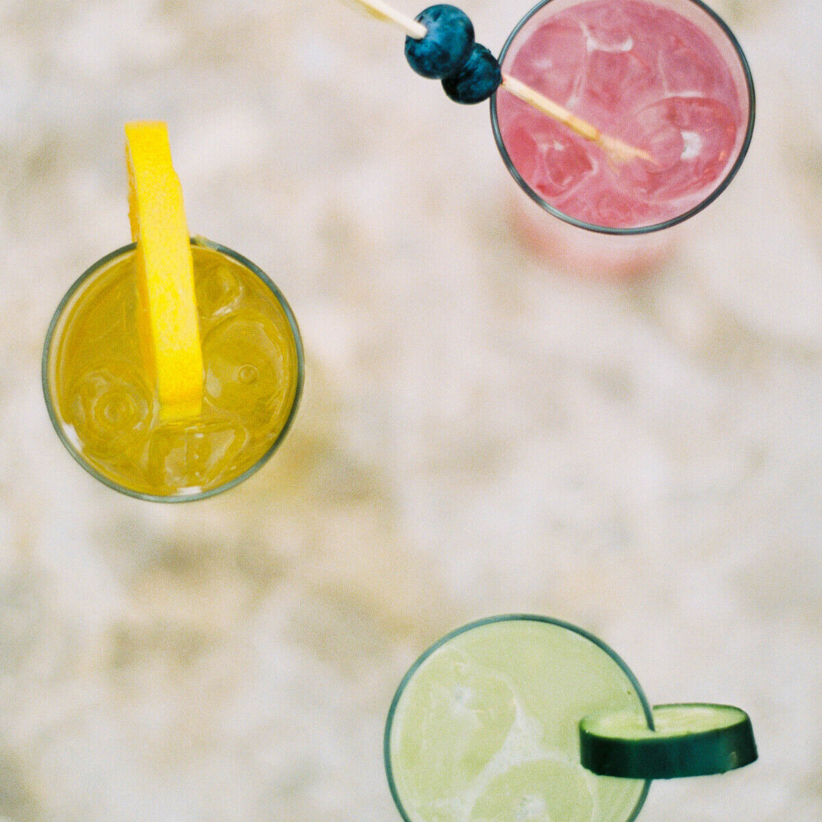 Wedding Drinks: Three different cocktails from a bird's-eye view.