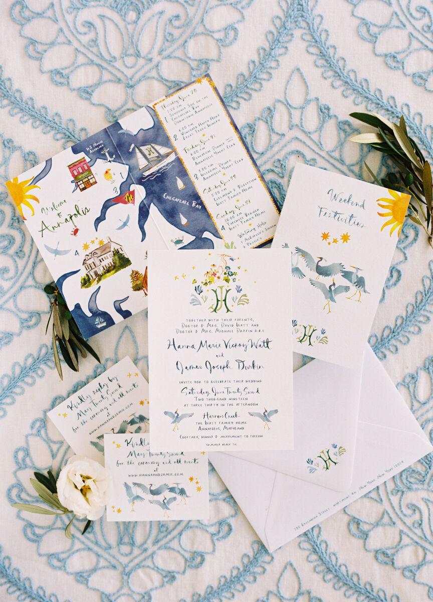 Colorful illustrative wedding invitation designs by wedding invitation designer Li Ward 