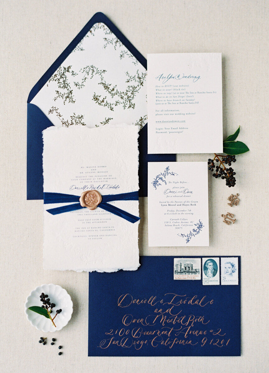 Classic blue and white wedding invitation designs by wedding invitation designer Shasta Bell Calligraphy