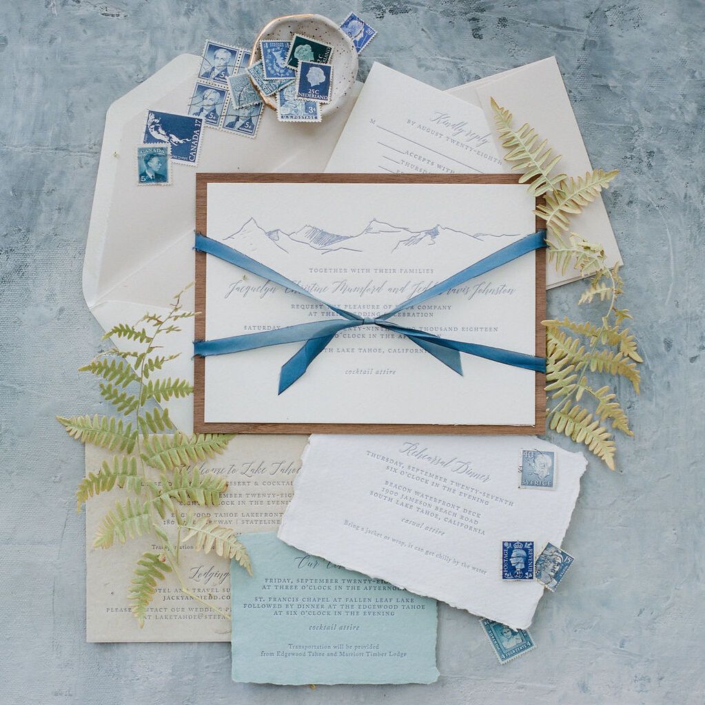 Wedding invitation wording etiquette: Blue and white wedding invitation by Tiny Pine Press