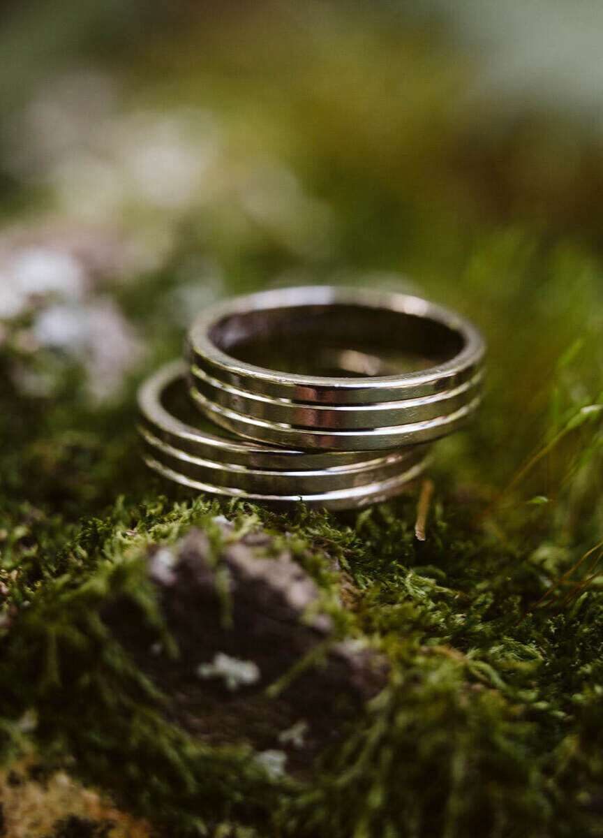 Wedding Ring Design: Two metal wedding rings stacked on top of a mossy perch.