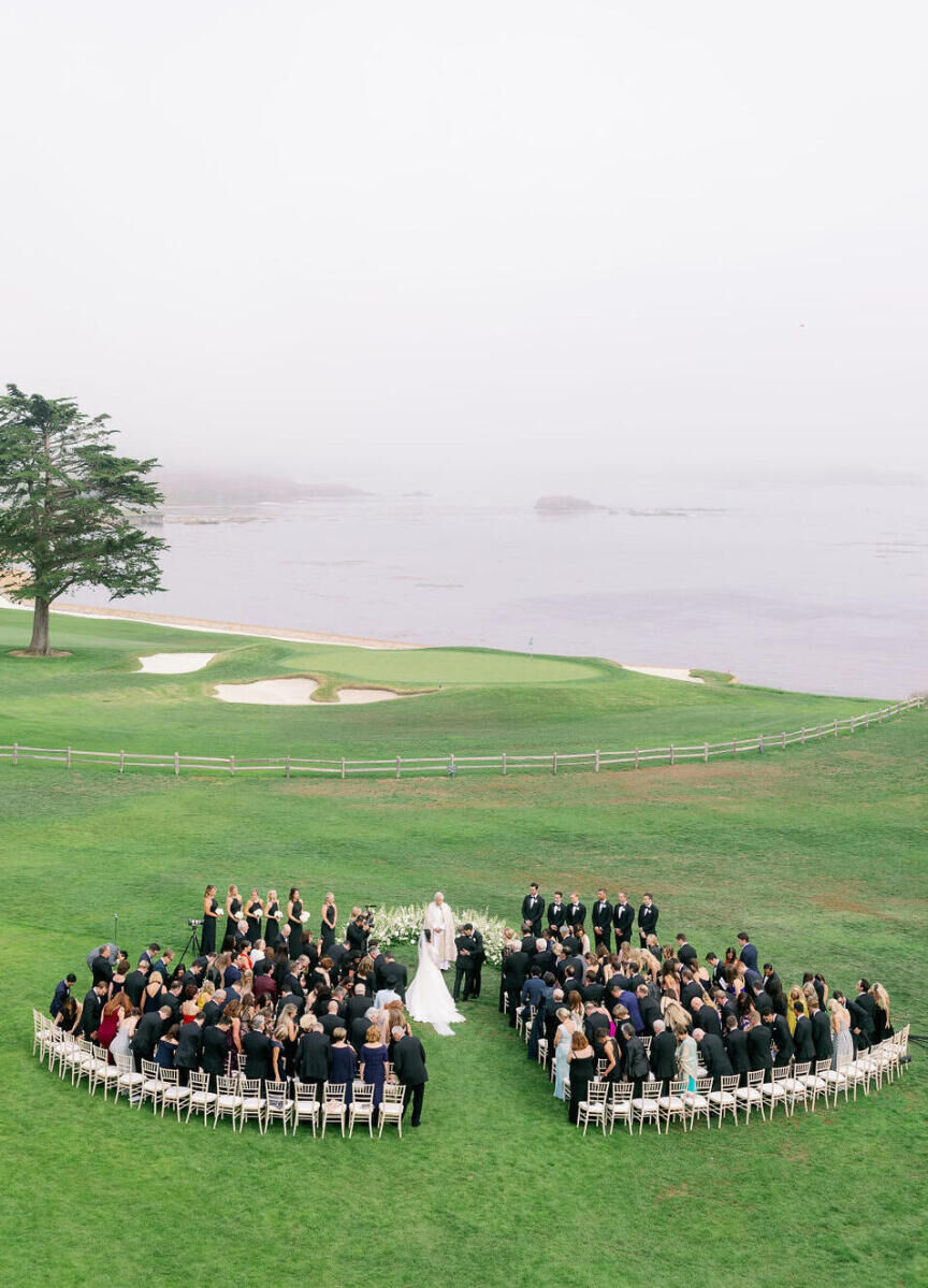 Wedding Venues in California: A circular ceremony setup on a golf course overlooking the ocean in Pebble Beach, California.