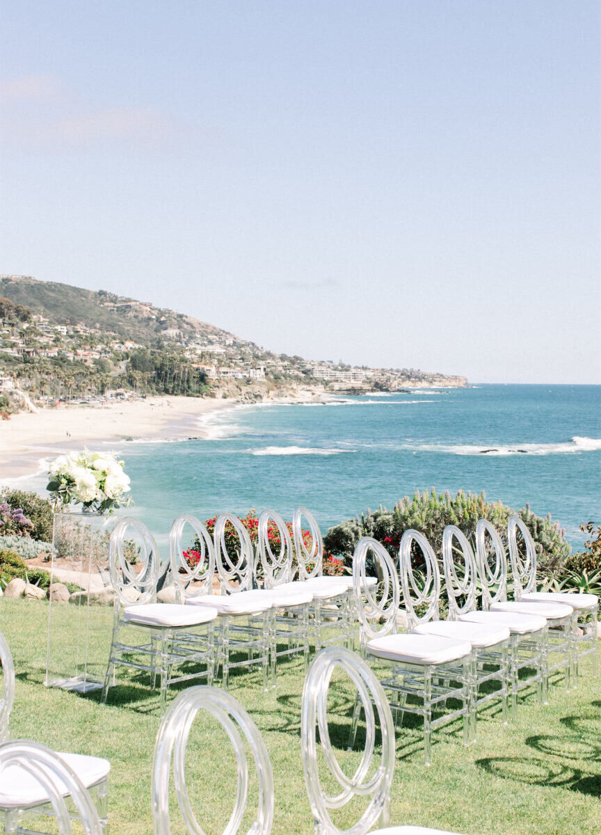 Wedding Venues in California: An oceanfront wedding venue on a lawn overlooking the coastline of Laguna Beach, California.