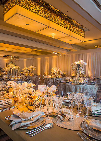 Wedding Venues in California: Neutral ballroom wedding reception setup at the SLS Beverly Hills