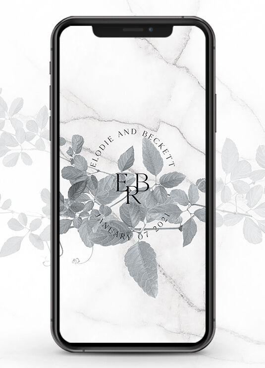 Wedding Website Examples: A leaf and marble mobile wedding website design in mobile display.