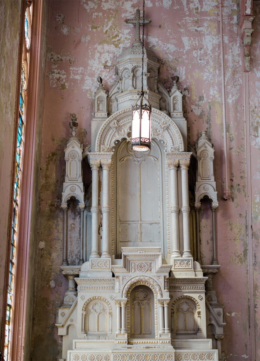 Textures and pastel tones abound at the old church turned hotel that a couple chose for their whimsical wedding ceremony.