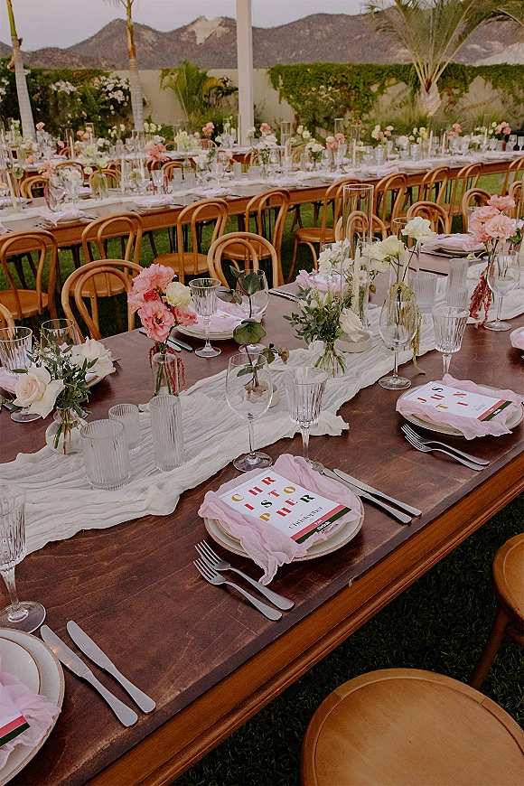 Reception tablescape on a long banquet table wedding with white gauze runner, bud vases, candles, pink napkins, and mountain backdrop