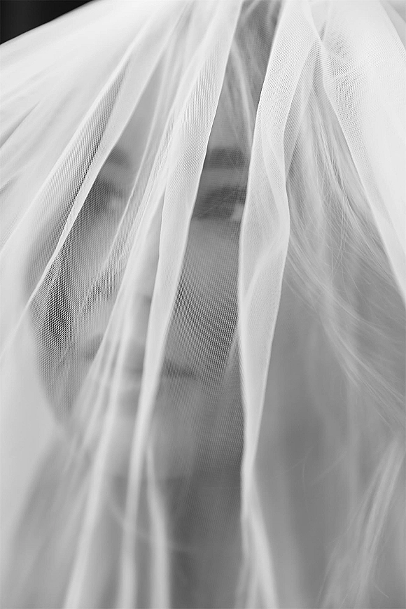 Bridal veil portrait of a blonde bride under veil, sheer tulle draped over her face against a neutral backdrop in soft light