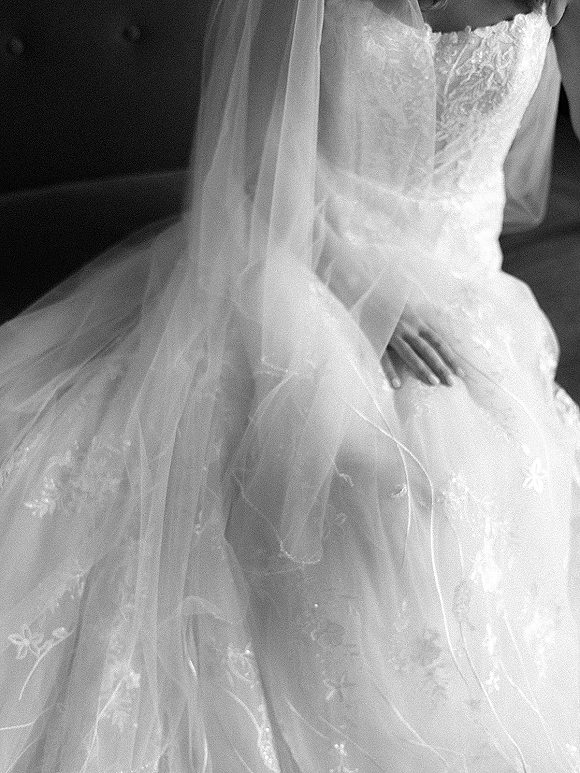 Wedding dress with strapless lace bodice and tulle skirt, embroidered floral appliques and veil drape against a dark interior backdrop