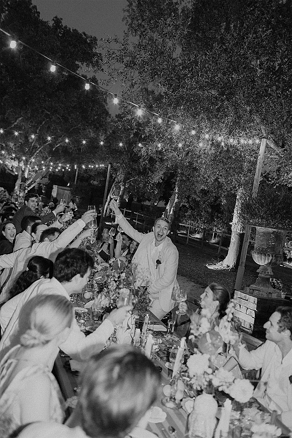 Wedding reception toast under string lights as guests raise wine glasses along a long outdoor table with candles and floral centerpieces at night