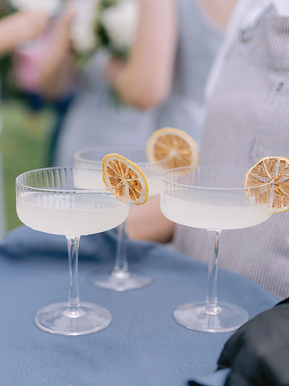 Signature cocktail in coupe glasses with dried citrus garnish on a blue tablecloth, with cocktail napkins and blurred guests in greenery