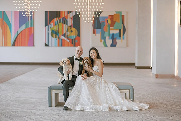 Couple portrait of bride and groom with dogs, seated on a bench in a modern lobby with abstract wall art and chandelier lights