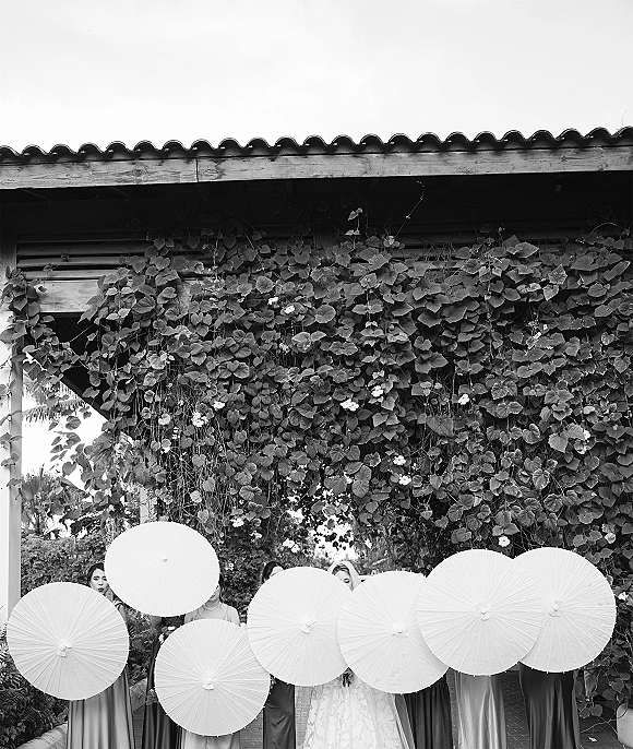 Bridesmaids portrait with parasols, bridesmaids with parasols lined up in mismatched dresses beneath an ivy-covered pergola on a garden walkway