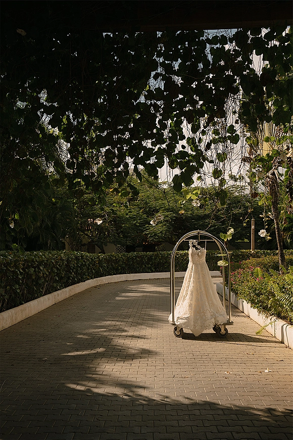 Wedding dress with lace detailing hanging on a garment rack cart along a sunlit garden walkway with vines and hedges in back