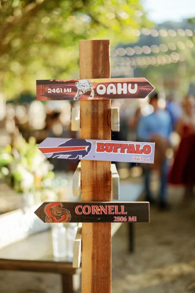 Wedding directional sign on a wood post with arrow signs, ring illustration and sports logos under string lights at an outdoor reception