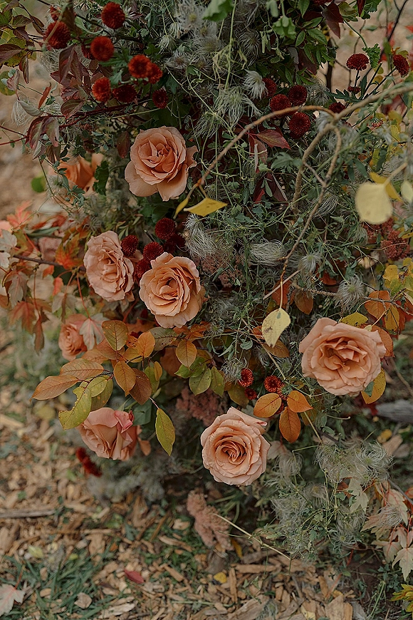 Wedding floral arrangement with peach rose wedding flowers, red billy buttons and trailing vines resting on grass among fallen leaves